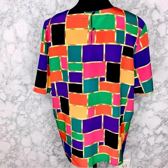 ⭐️ Kathy Che 80s Color Block Geometric Lightweight Boxy Blouse Women’s Large - Picture 6 of 8